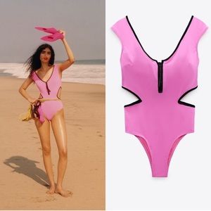Zara✨Hot Pink Retro One-Piece Swimsuit